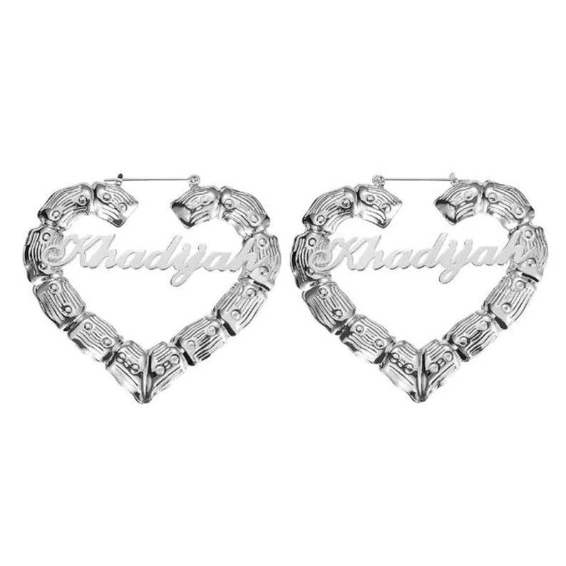 Gold Plated Personalized Heart Bamboo Name Earrings-silviax