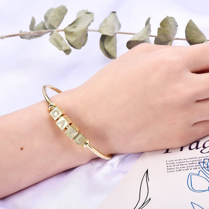 Cube Bead With Inlaid Zircon Letters Personalized Gold Plated Custom Cuff Name Bangle Bracelet