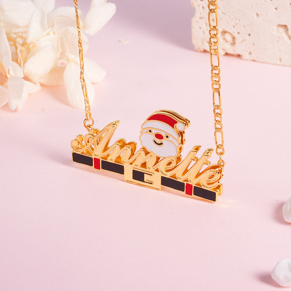 Cartoon Christmas Santa Pendant Double Layer Customized Name Necklace And Name Earrings