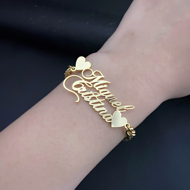 Cuban Chain Two Hearts Two Names Personalized Custom Gold Plated Love Name Bracelet Womem Gift-silviax