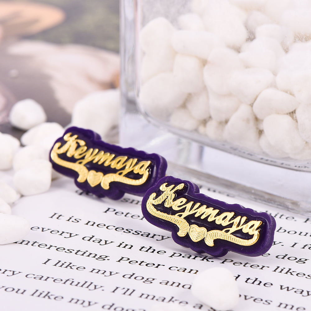 Purple Acrylic with Heart Double Layer Personalized Custom Gold Plated Name Necklace And Name Stud Earring Set