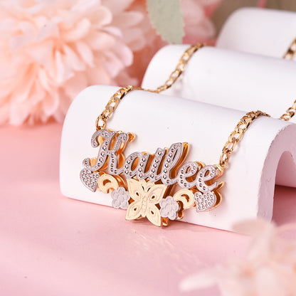 Double Layer Two Tone With Butterfly Flower And Heart Personalized Custom Name Necklace