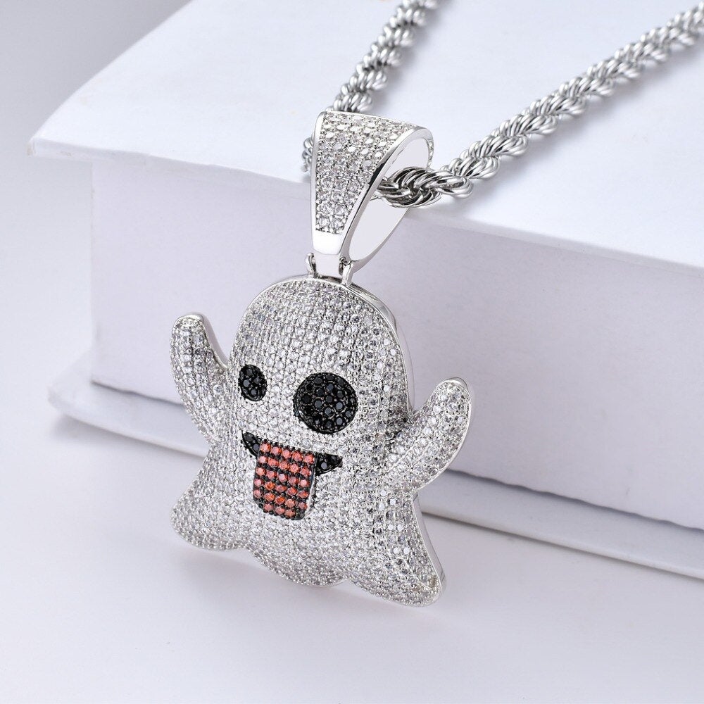 Hip Hop Shiny Emoji Ghost Iced Out Pendant Necklace White Gold Jewelry for Men and Women