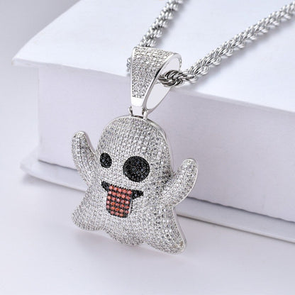 Hip Hop Shiny Emoji Ghost Iced Out Pendant Necklace White Gold Jewelry for Men and Women