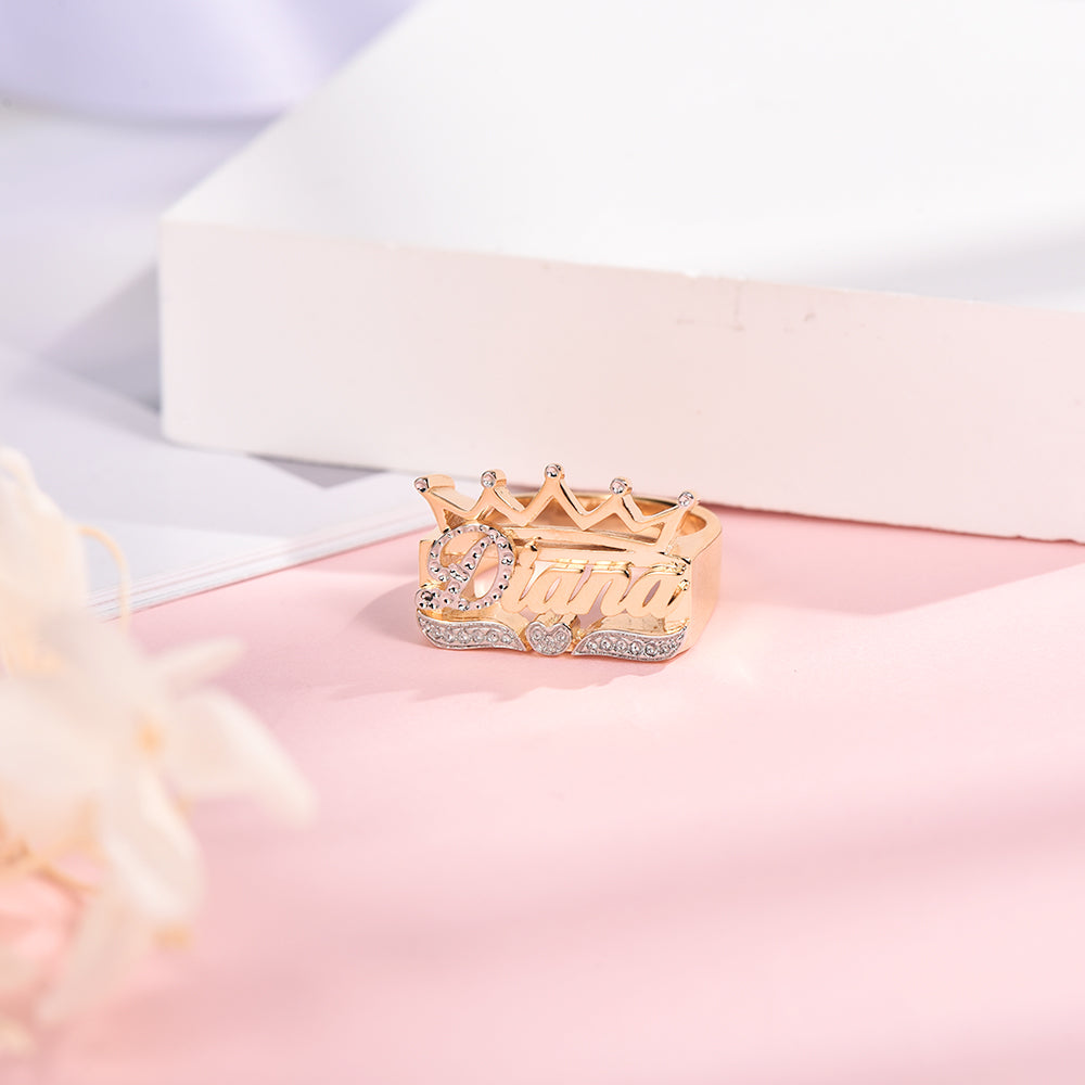 Crown Heart Two Tone Personalized Custom Gold Plated Name Ring-silviax