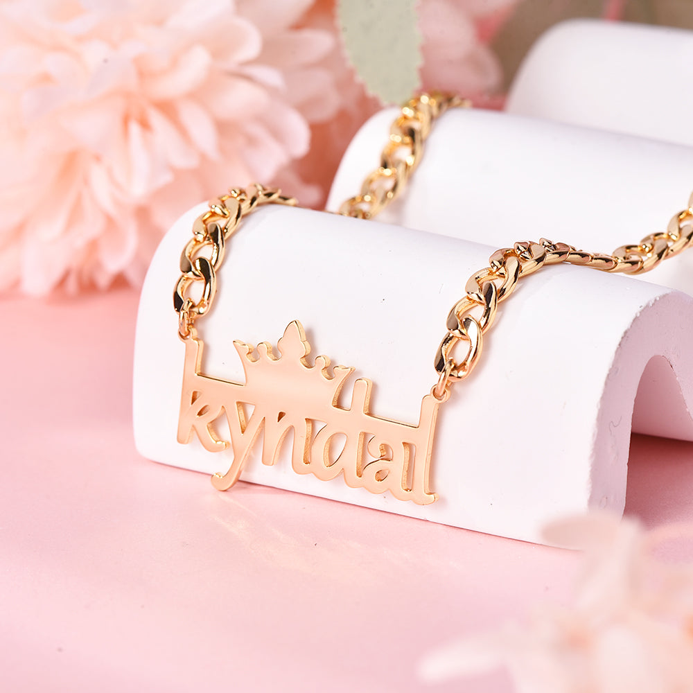 Crown And Horizontal Line With Cuban Chain Personalized Custom Gold Plated Name Necklace-silviax