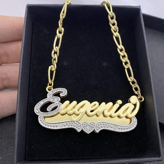 Double Plate Two Tone Heart Personalized Custom Gold Plated Name Necklace Set with Rhinestones-silviax