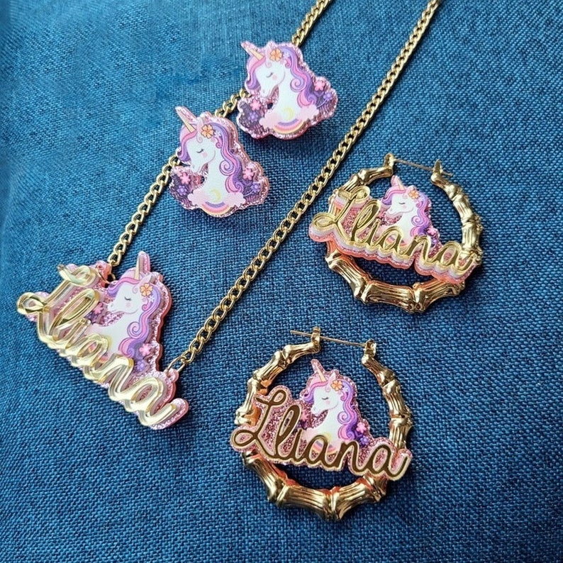 Pink Acrylic Unicorn Nameplate Jewelry Set Personalized Name Necklace and Bamboo Earrings-silviax