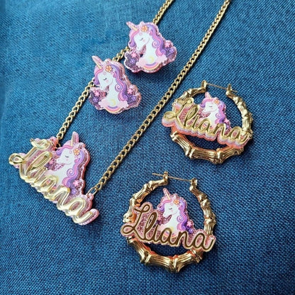 Pink Acrylic Unicorn Nameplate Jewelry Set Personalized Name Necklace and Bamboo Earrings-silviax