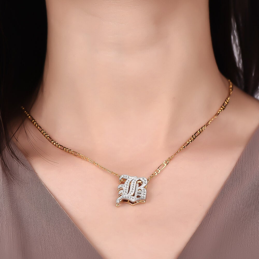 Double Layer Two Tone Old English Font Personalized Custom Gold Plated Initial Necklace-silviax