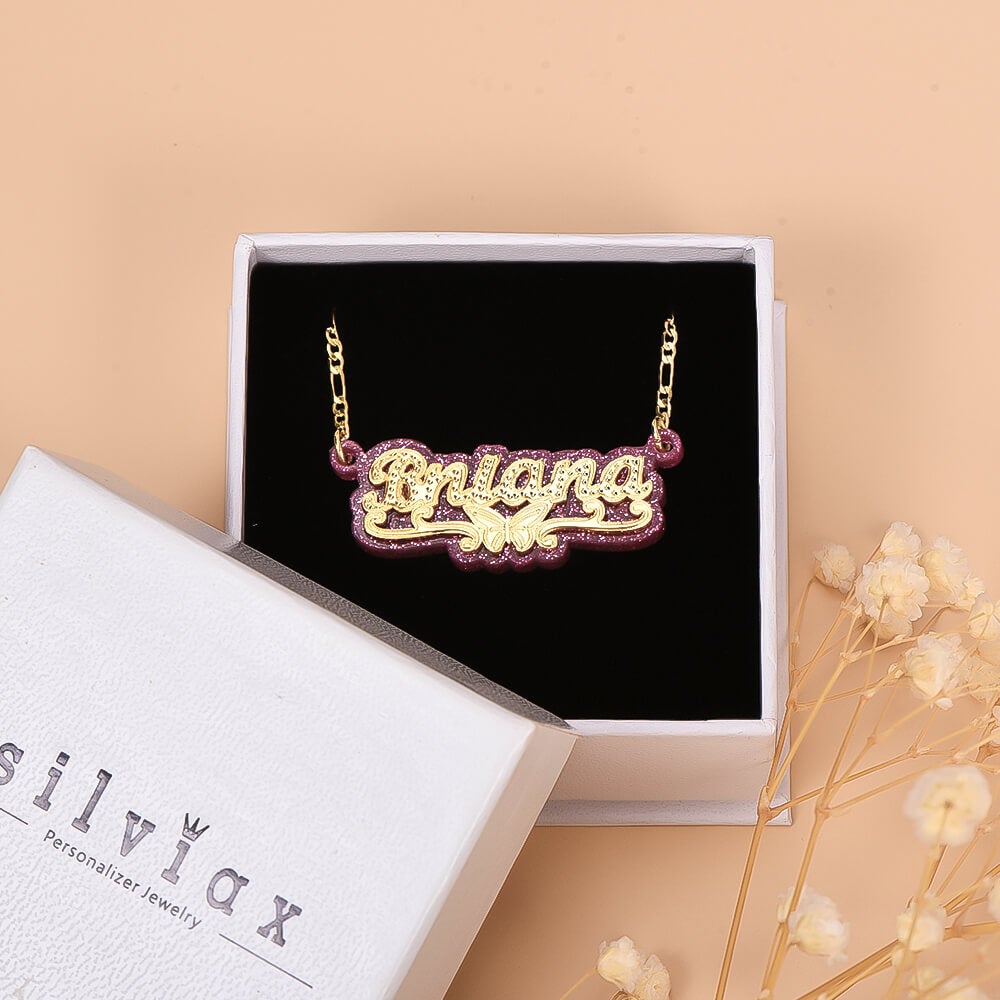 Double Plate Pink Acrylic Butterfly Personalized Custom Gold Plated Name Necklace-silviax