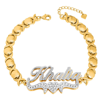 Double Layer Two Tone Heart Nameplate with XOXO Chain Personalized Custom Gold Plated Name Bracelet-silviax