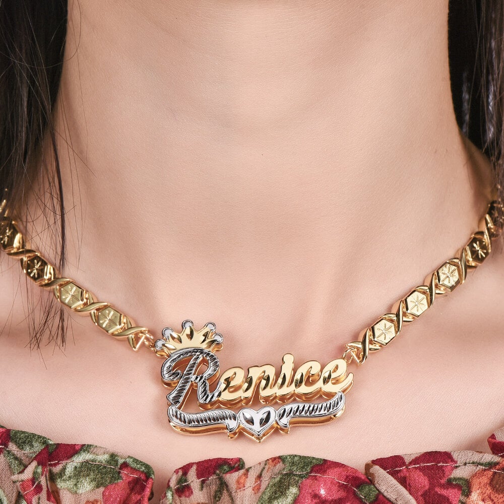 Double Layer Two Tone Crown xoxo Chain Personalized Custom Gold Plated Name Necklace