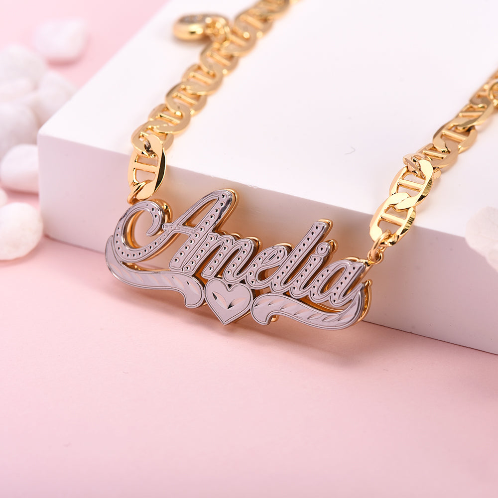 Mariner Chain with Heart Personalized Double Layer Heart Name Necklace-silviax