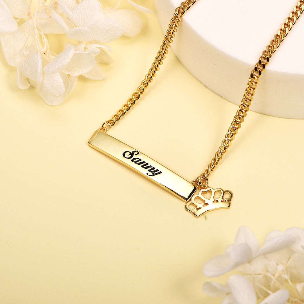 Gold Plated  Personalized Engraved Bar Name Necklace with Crown Pendant-silviax