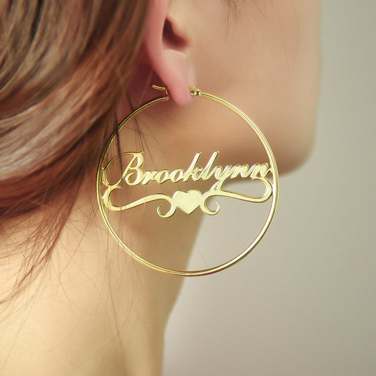 Gold Plated Personalized Hoop Name Earrings with Heart-silviax