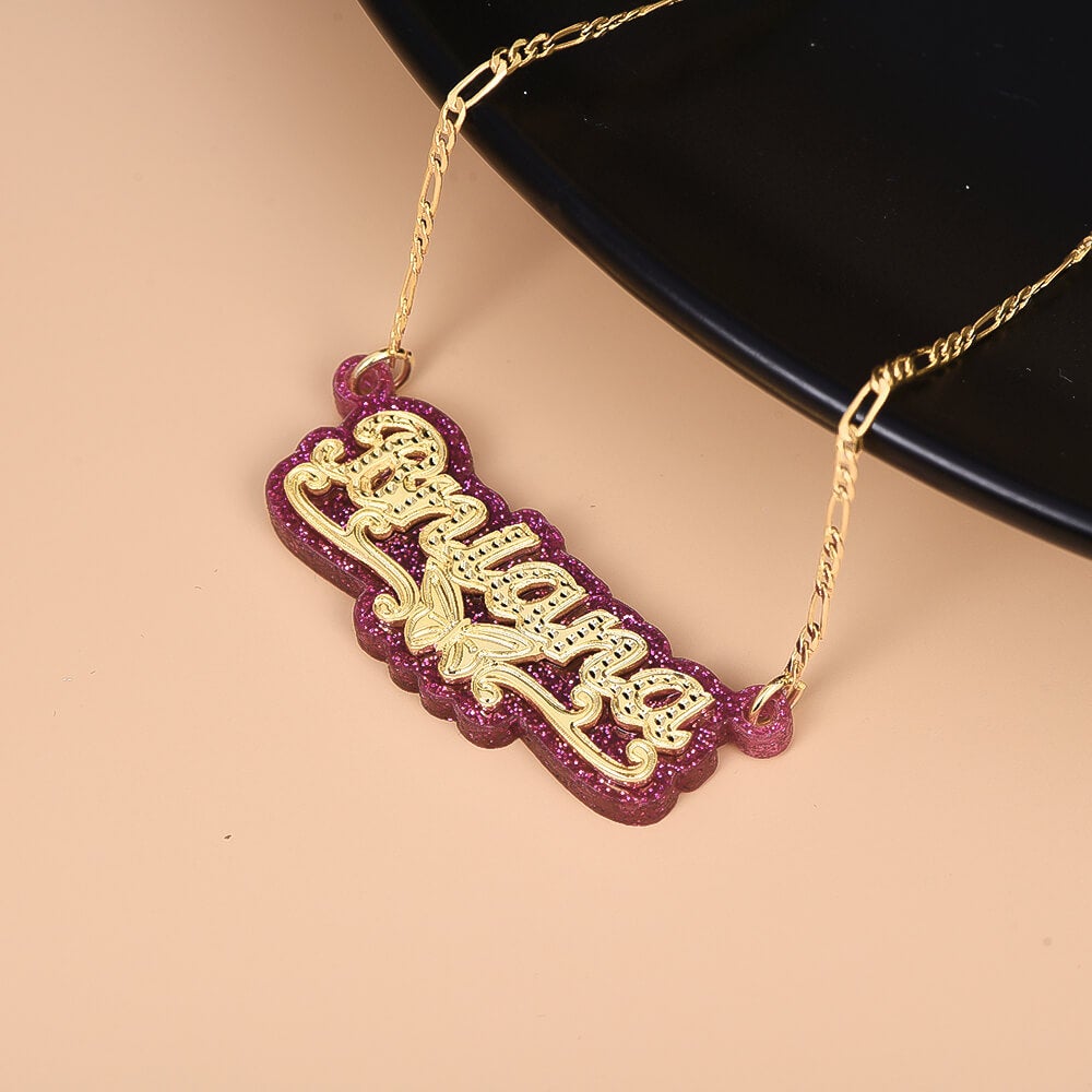 Double Plate Pink Acrylic Butterfly Personalized Custom Gold Plated Name Necklace-silviax