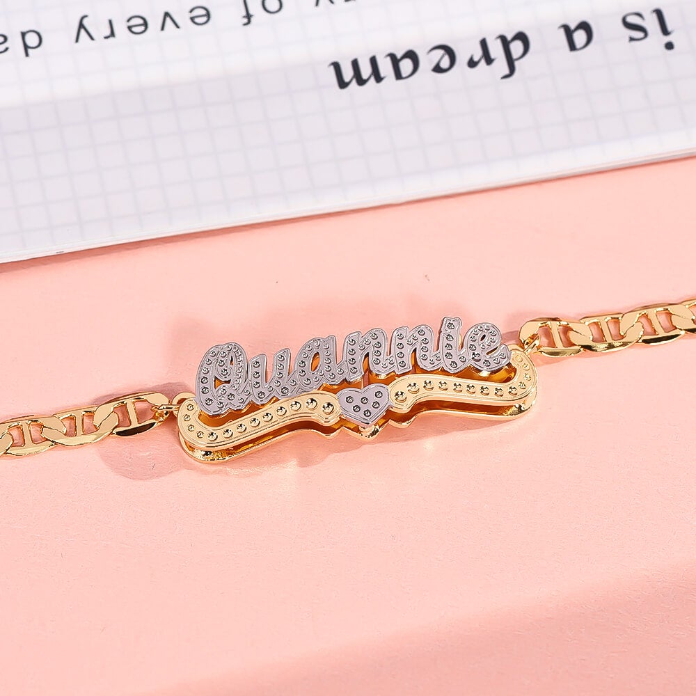 Double Layer Two Tone 3D Nameplate With Heart Personalized Custom Gold Plated Name Bracelet-silviax