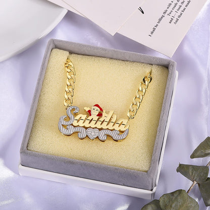 Double Layer Two Tone With Santa Claus Personalized Name Necklace with Heart Christmas Jewelry Gifts-silviax