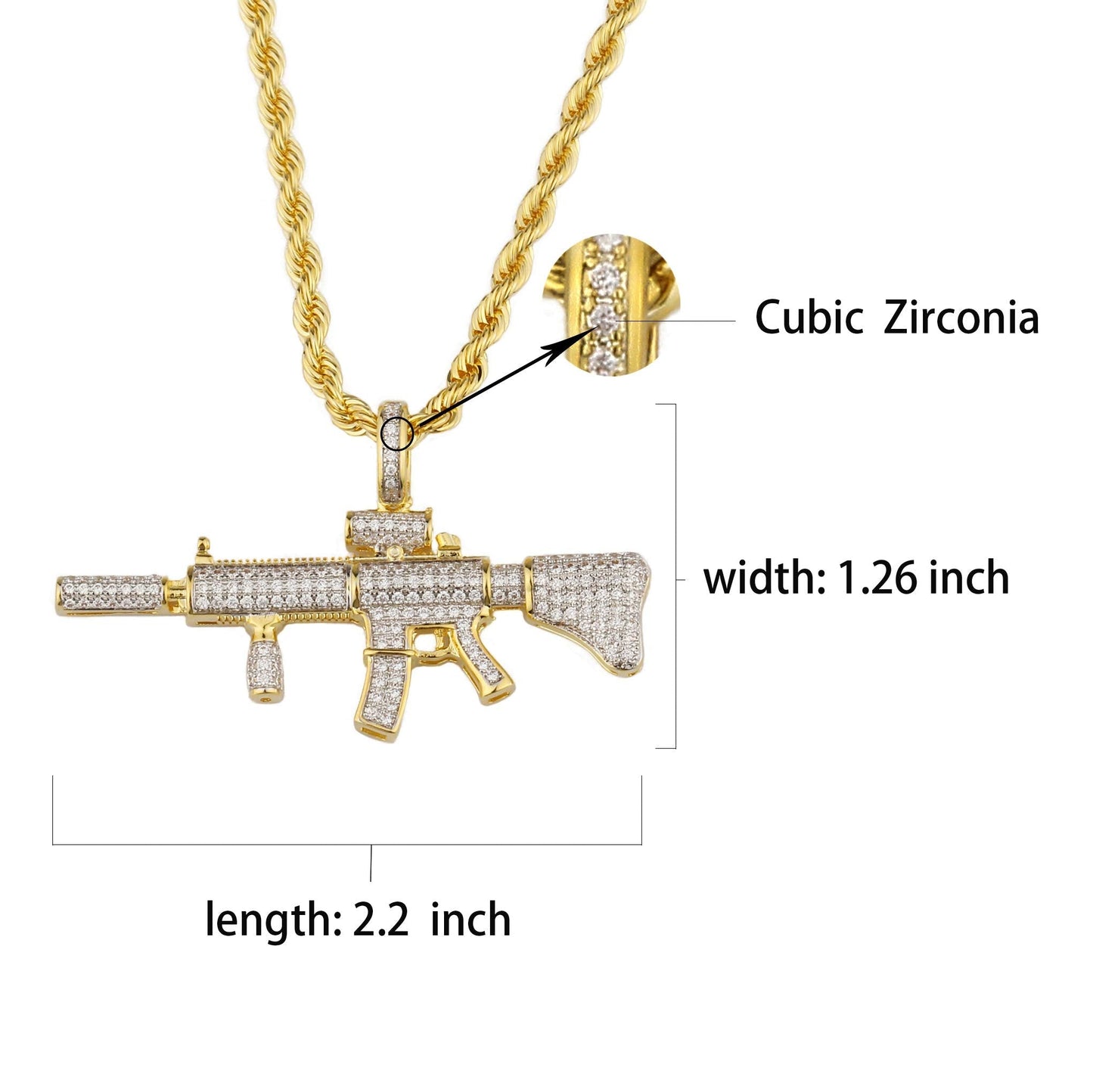 Gun Pendant Necklace Gold Plated Hip Hop Style Jewelry for Rapper