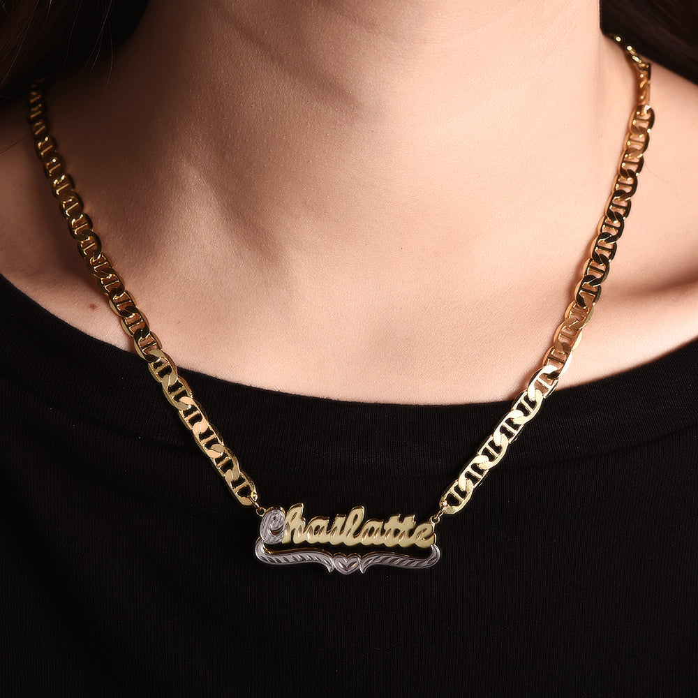 Marine Chain Personalized Double Layer Two Tone Heart Name Necklace-silviax