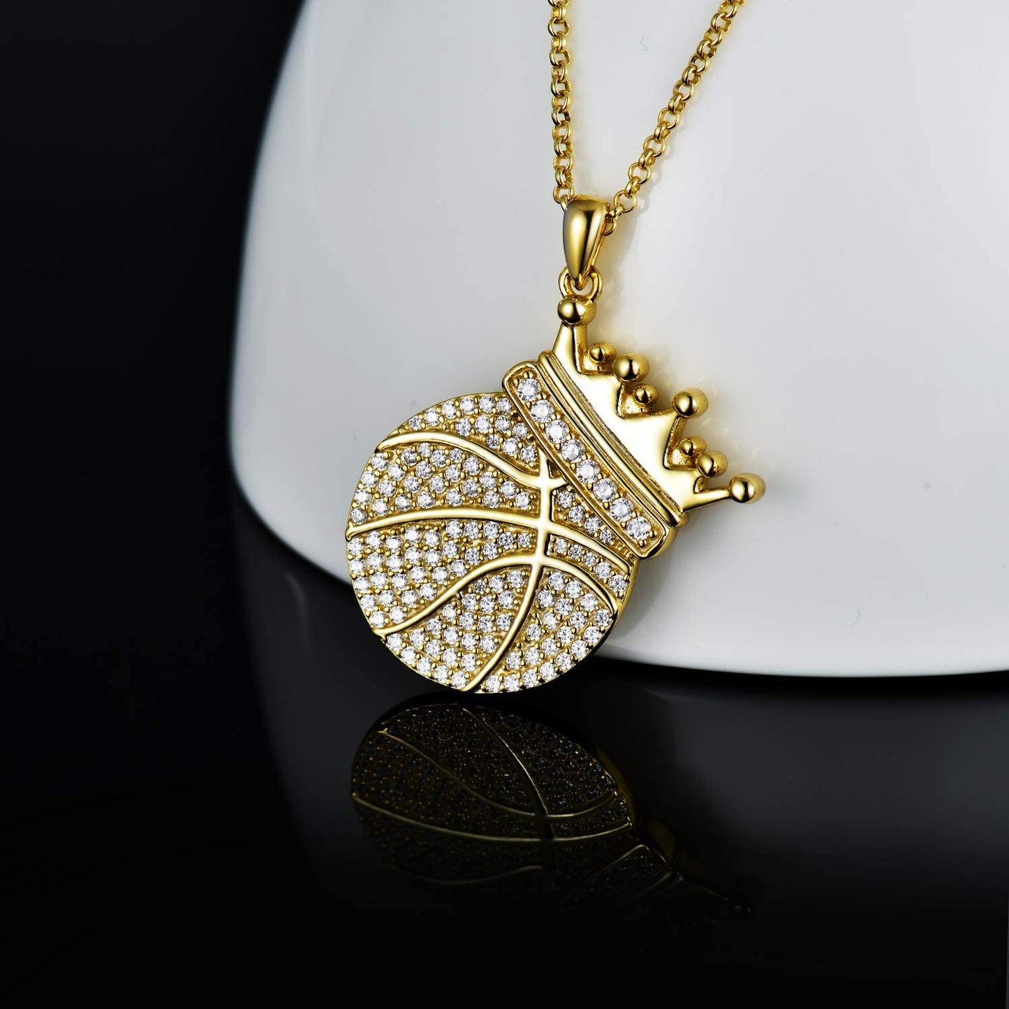 Crown Basketball Pendant Gold Plated Necklace Hip Hop Sport Style for Boy Men