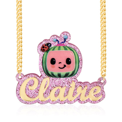 Pink Acrylic Cute Watermelon Nameplate Jewelry Set Personalized Name Necklace and Bamboo Earrings