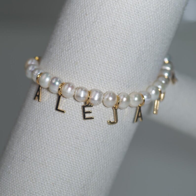 Initial Capital Letter with Pearl Chain Personalized Gold Plated Name Bracelet-silviax