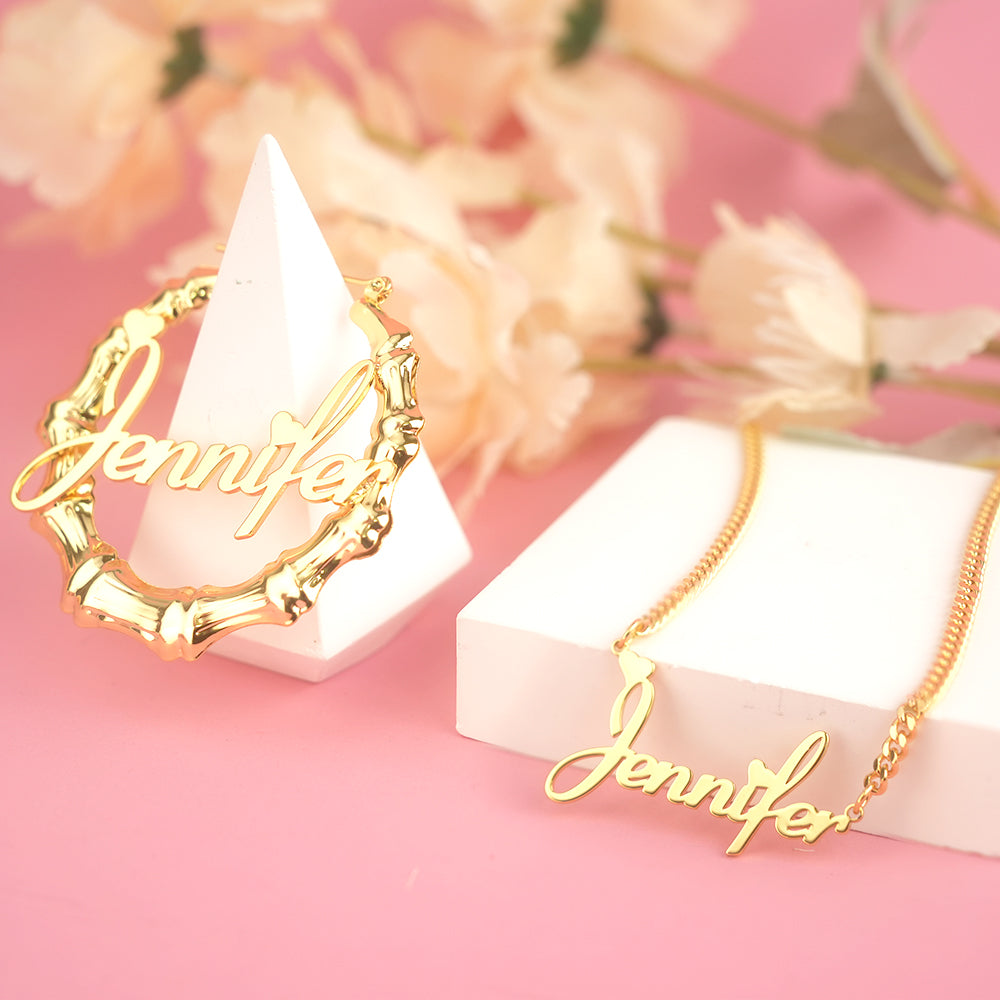 Personalized Custom Gold Plated Nameplate with Heart Jewelry Set Name Necklace and Hoop Earrings Christmas Gift-silviax