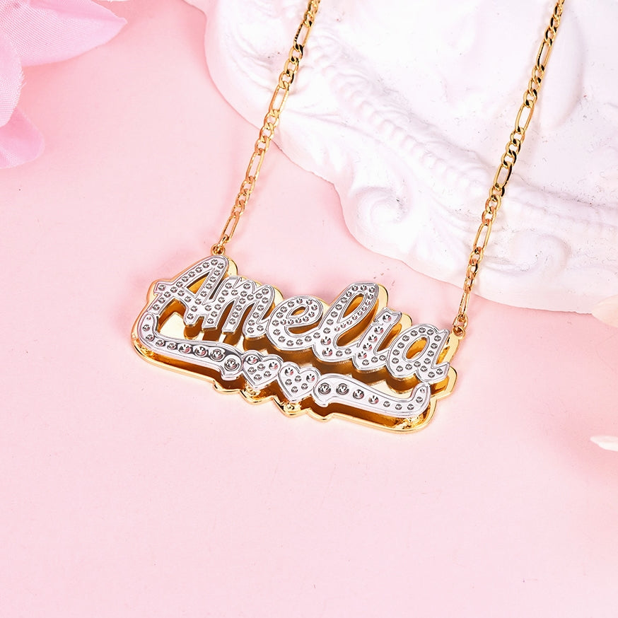 Personalized Custom Double Layer Two Tone Double Hearts Gold Plated Name Necklace-silviax