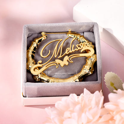 Personalized Custom Gold Plated Underline Butterfly Nameplate Bamboo Earrings