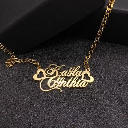 Two Hearts Nameplate Personalized Custom Gold Plated Two Name Necklace