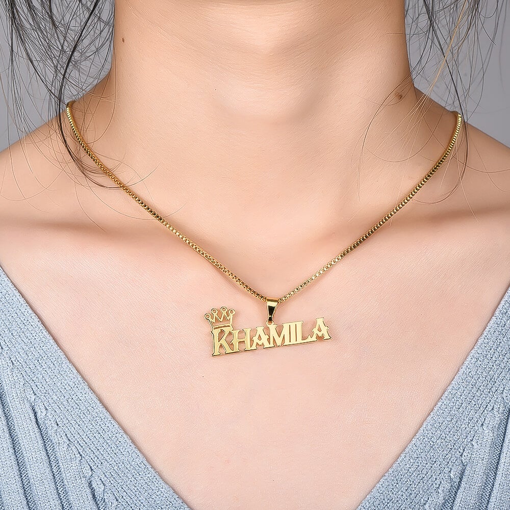 Capital Letter Nameplate with Crown Personalized Custom Gold Plated Name Necklace-silviax