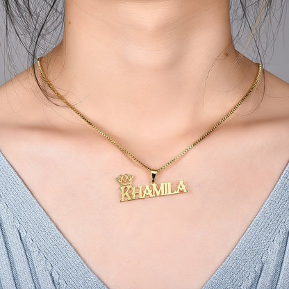 Capital Letter Nameplate with Crown Personalized Custom Gold Plated Name Necklace-silviax