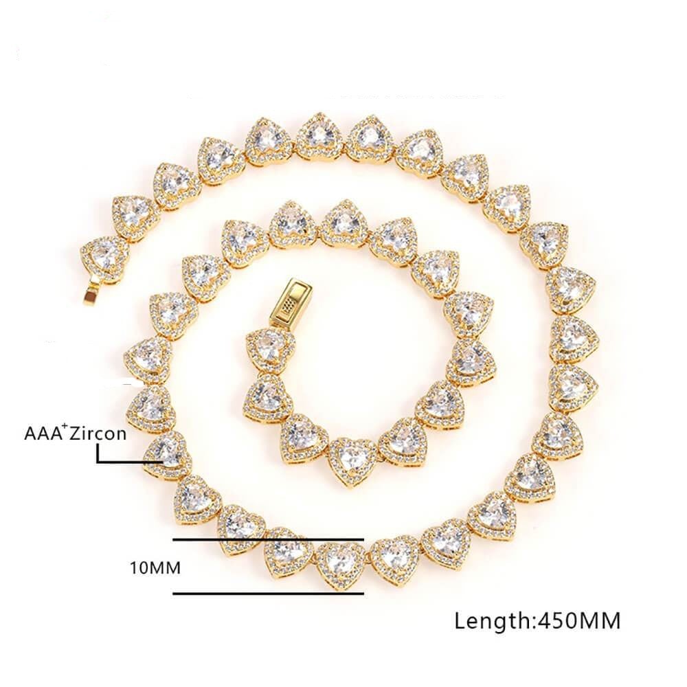 10mm White Heart Shaped Zircon Chain Gold Plated Necklace Hip Hop Style Jewelry