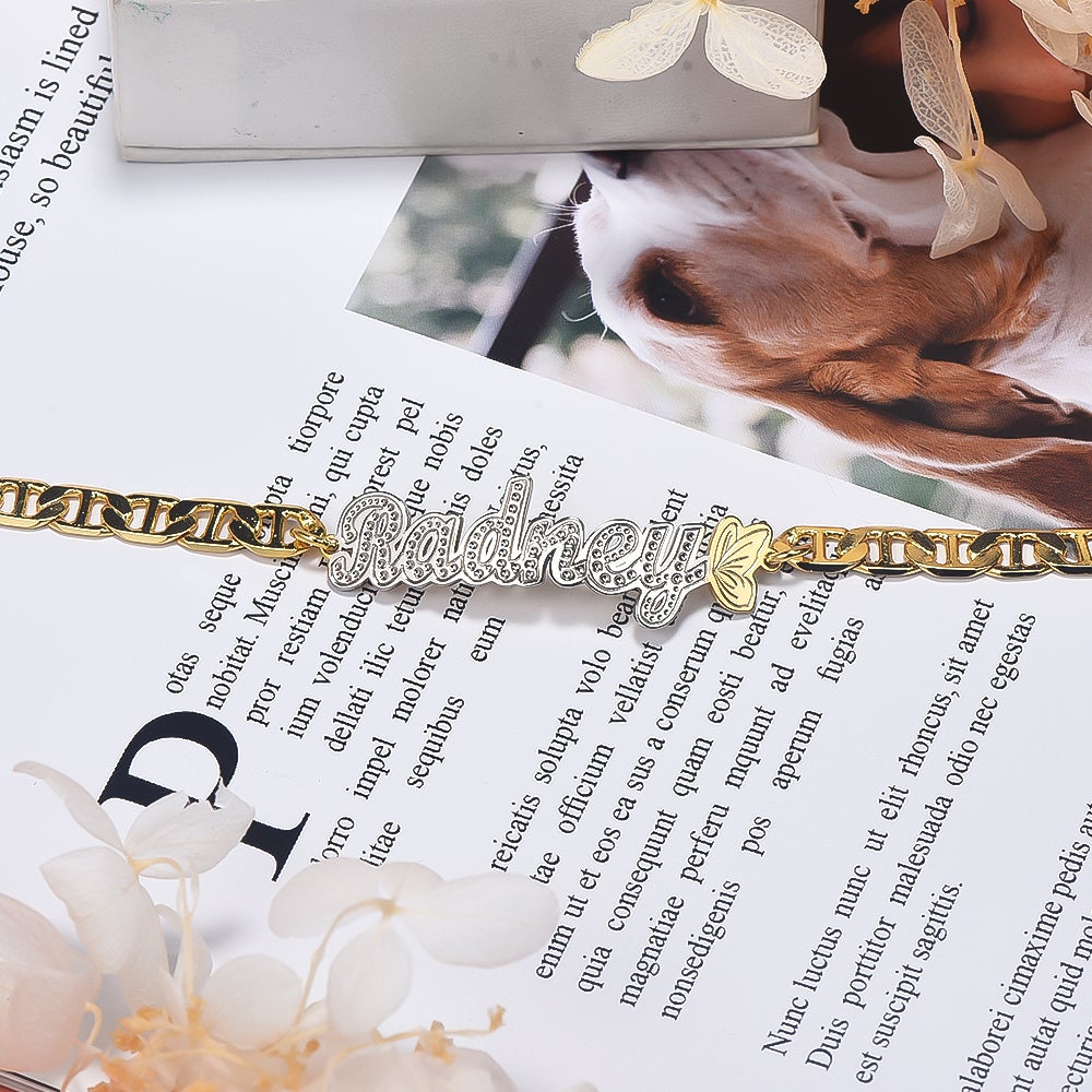 Butterfly Two Tone Personalized Custom Gold Plated Name Bracelet-silviax