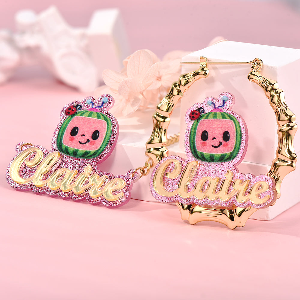 Pink Acrylic Cute Watermelon Nameplate Jewelry Set Personalized Name Necklace and Bamboo Earrings-silviax