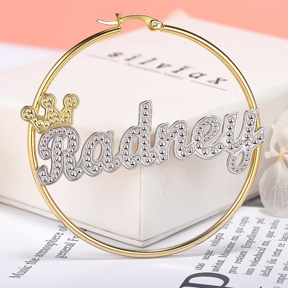 Crown Two Tone Personalized Custom Gold Plated Name Hoop Earrings