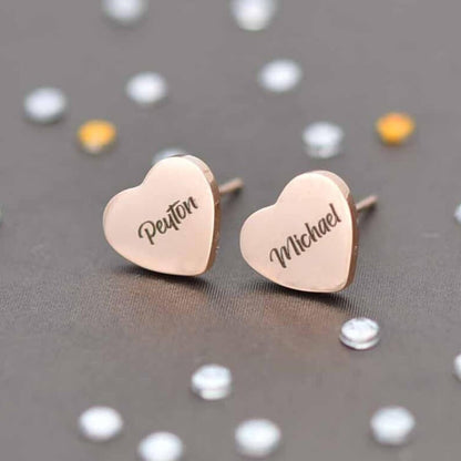 Heart Rose Gold Stud Earrings Personalized Custom Engraved Name Earrings-silviax