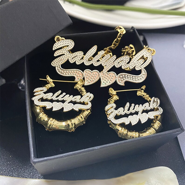 Personalized Custom Jewelry Set Two Tone with Double Heart Name Necklace and Bamboo Name Earrings Set-silviax