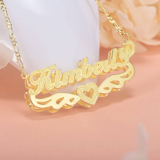 Wings Heart Double Layer Personalized 3D Name Necklace Gold Plated-silviax