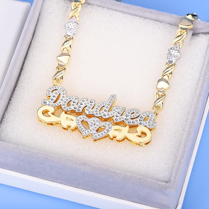 Double Layer Two Tone Hollow Heart with XOXO Heart Chain Personalized Custom Name Necklace