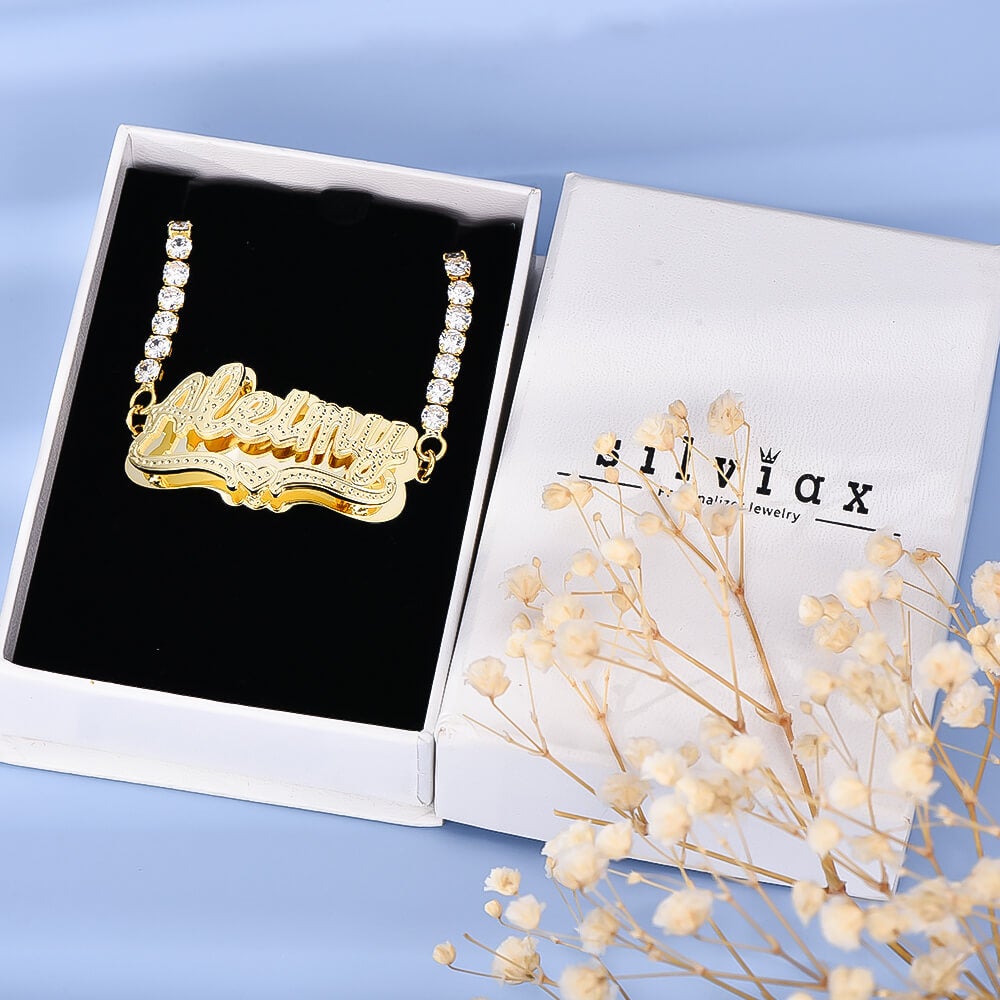 Double Plate Heart Nameplate with Tennis Chain Personalized Custom Gold Plated Name Bracelet-silviax