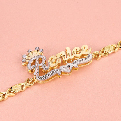 Double Layer Two Tone Crown Nameplate with XOXO Chain Personalized Custom Gold Plated Name Bracelet-silviax