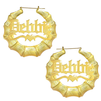 Gold Plated Personalized Old English Hoop Bamboo Name Earring with Heart