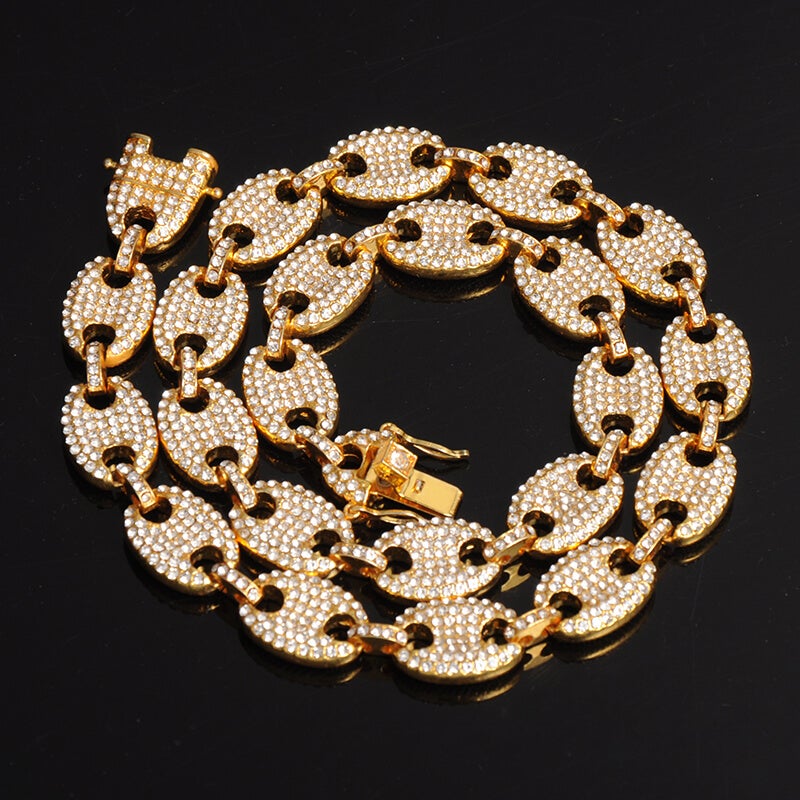 13mm Pig Nose Chain Inlaid Rhinestone Gold Plated Hip Hop Necklace-silviax