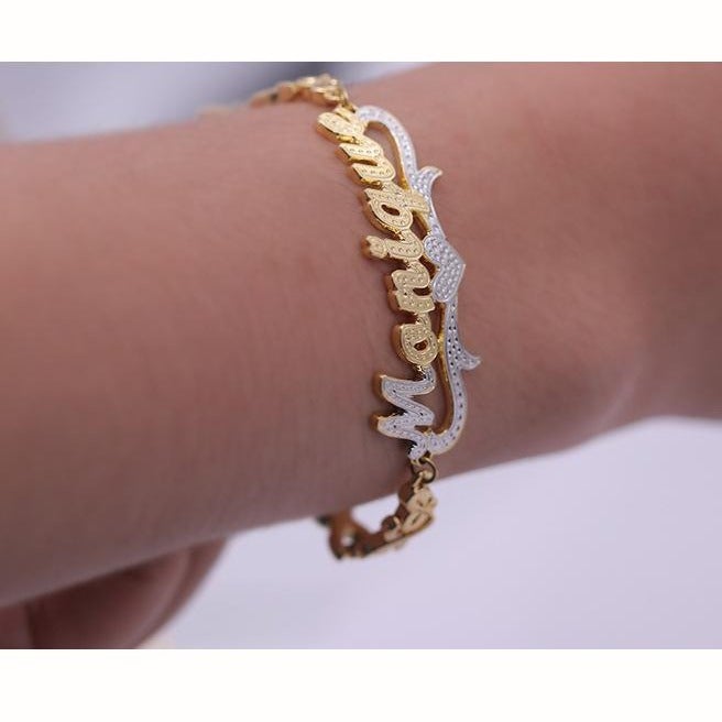 Two Tone Personalized Custom Nameplate Heart XOXO Chain Gold Plated Name Bracelet