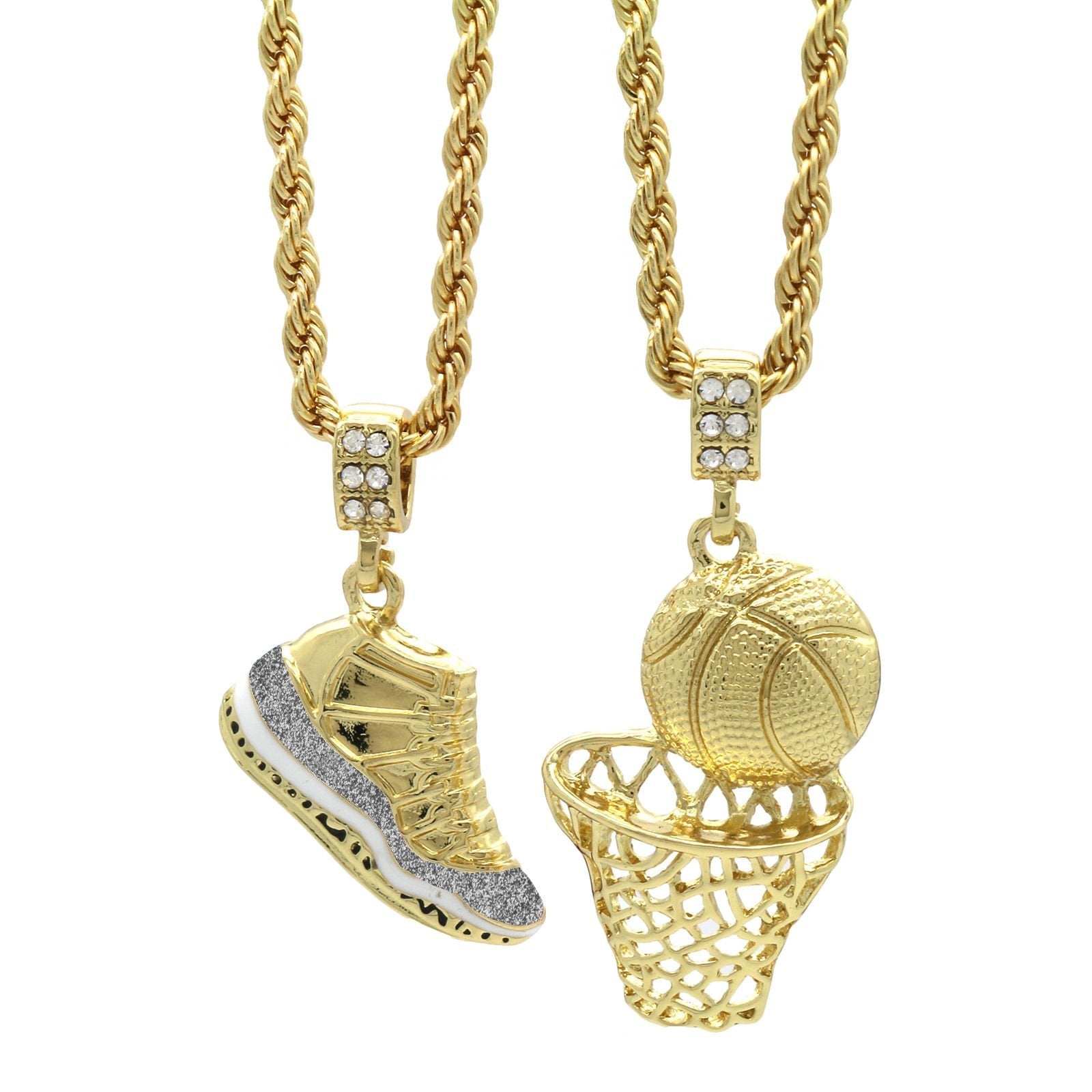 Hip Hop Retro Shoes Pendant &amp; Basketball Basketball Hoop Pendant Gold Plated Necklace-silviax