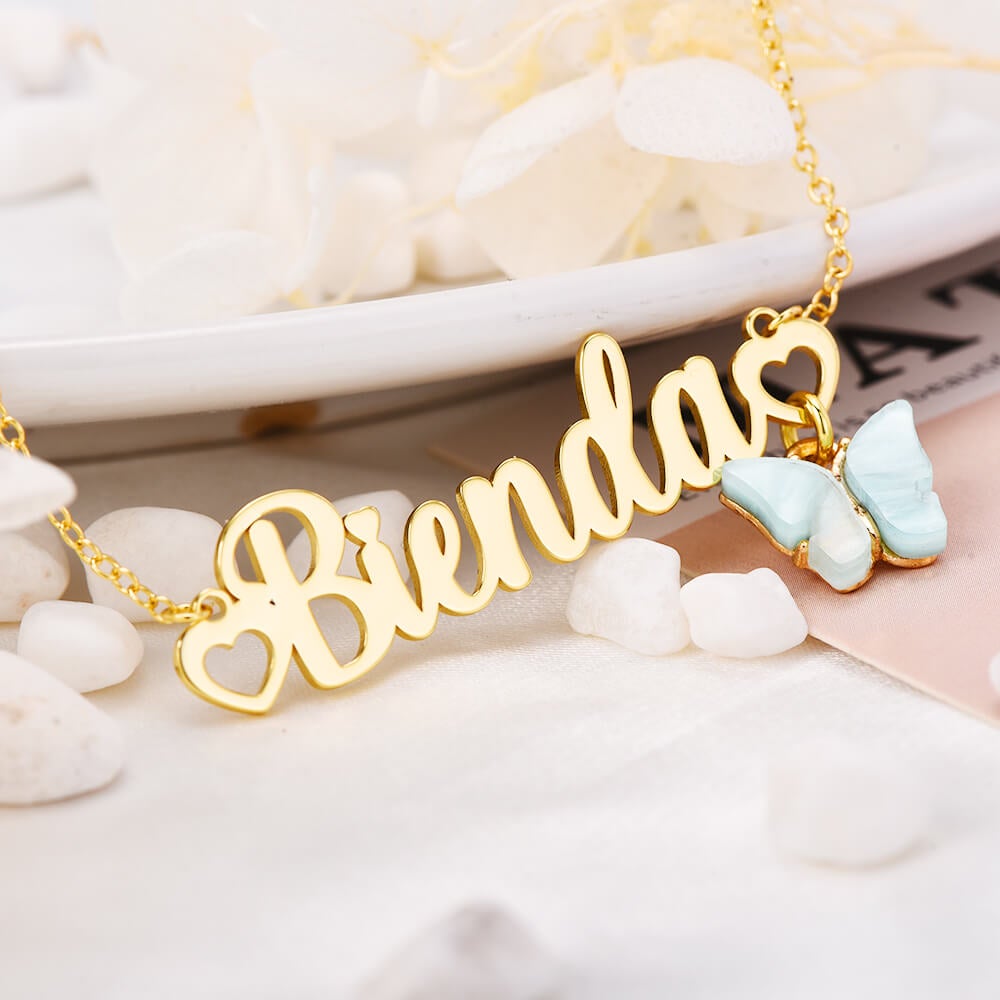 Butterfly Heart Nameplate Pendant Personalized Custom Gold Plated Name Necklace-silviax