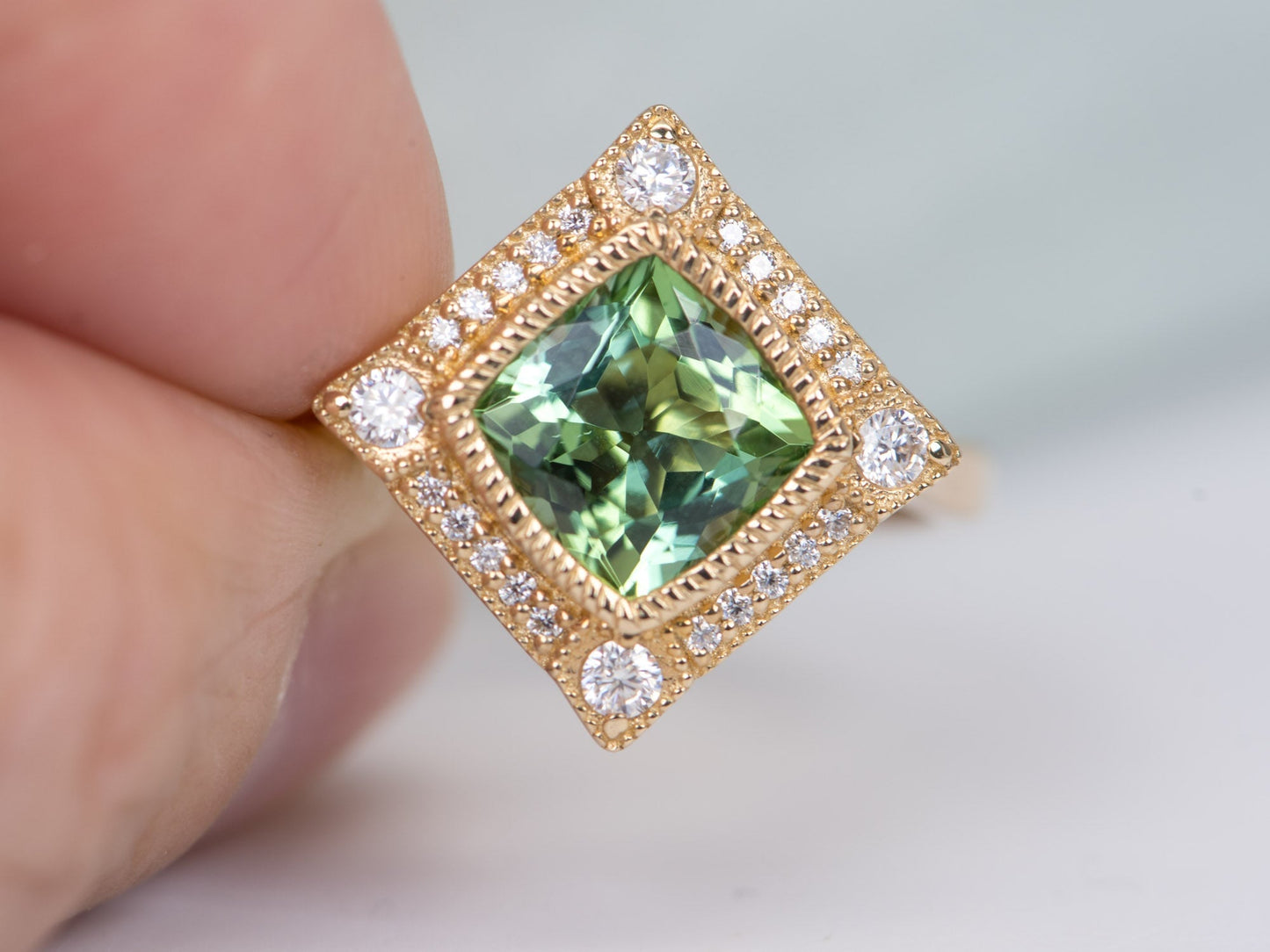 1.5ct Mint Green Tourmaline 14K Gold Moissanite Halo Engagement Ring AD2219-3